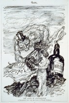 Political cartoon criticizing the alliance between the prohibition and women's suffrage movements. The genii of Prohibition emerges from a bottle labelled "intolerance". Wikipedia.