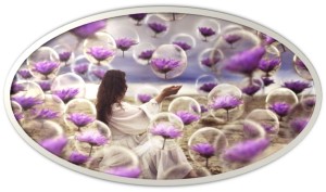 woman purple flowers bubbles