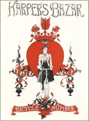 Harper's Bazar, March 1896, Victorian woman riding bicycle with red heart design background