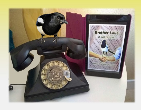 Jinx on rotary phone next to "Brother Love - a Crossroad" on my Kindle.