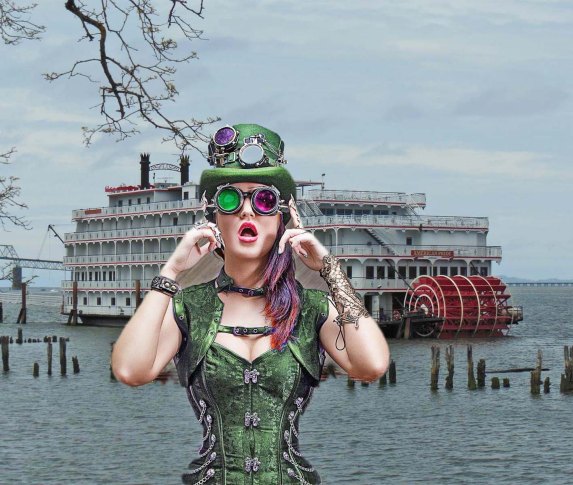 steampunk woman green corset riverboat Pixabay