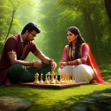 Indian man n woman sitting in forest playing chess CGI by Teagan